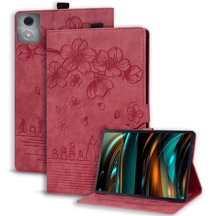 For Lenovo Tab M11 Plus / Tab K11 Plus Case Leather Stand Tablet Cover Flower Cat Card Slots