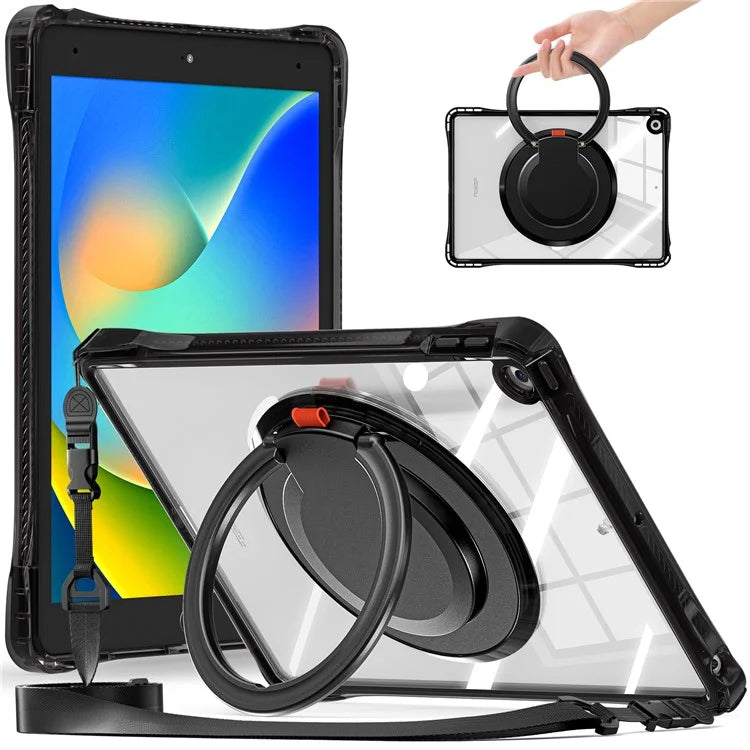 For iPad 10.2 (2021) / (2020) / (2019) Case with Shoulder Strap Rotary Kickstand PC+TPU+Acrylic Cover