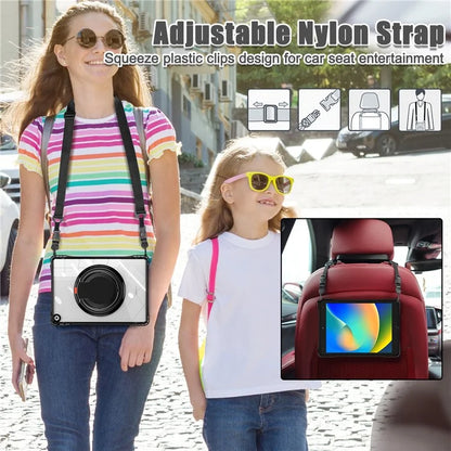 For iPad 10.2 (2021) / (2020) / (2019) Case with Shoulder Strap Rotary Kickstand PC+TPU+Acrylic Cover