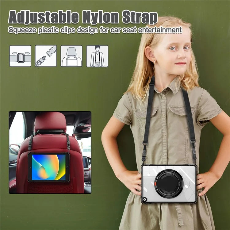 For iPad 10.2 (2021) / (2020) / (2019) Case with Shoulder Strap Rotary Kickstand PC+TPU+Acrylic Cover