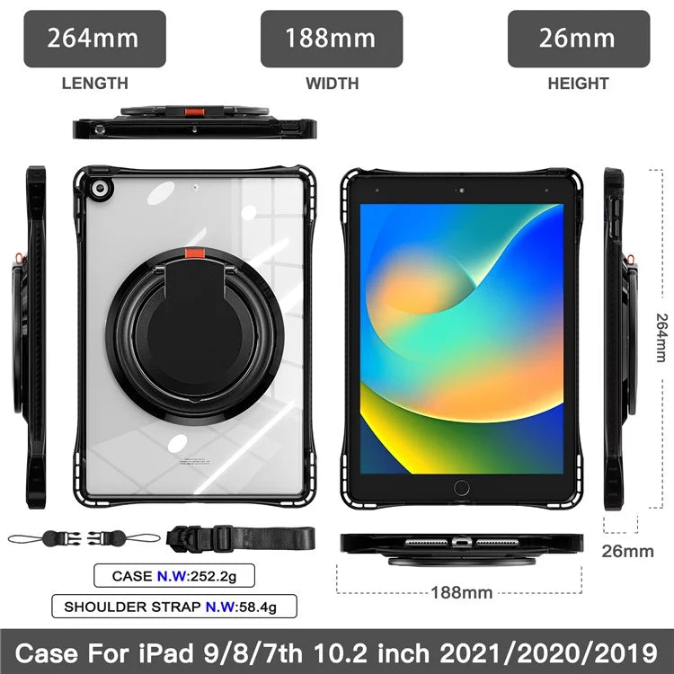 For iPad 10.2 (2021) / (2020) / (2019) Case with Shoulder Strap Rotary Kickstand PC+TPU+Acrylic Cover