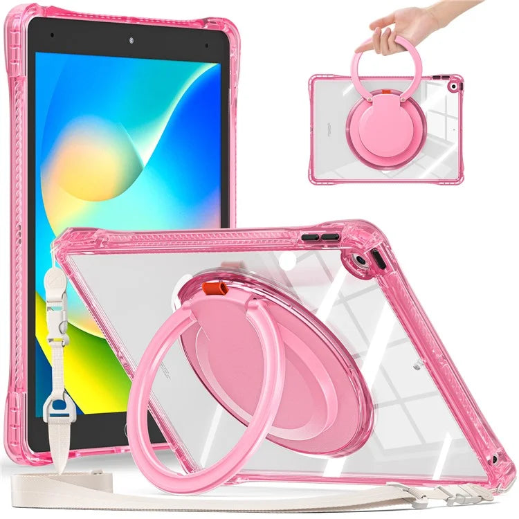 For iPad 10.2 (2021) / (2020) / (2019) Case with Shoulder Strap Rotary Kickstand PC+TPU+Acrylic Cover