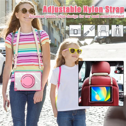 For iPad 10.2 (2021) / (2020) / (2019) Case with Shoulder Strap Rotary Kickstand PC+TPU+Acrylic Cover