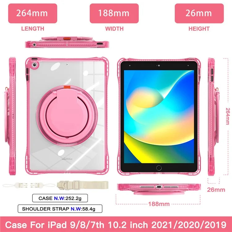 For iPad 10.2 (2021) / (2020) / (2019) Case with Shoulder Strap Rotary Kickstand PC+TPU+Acrylic Cover