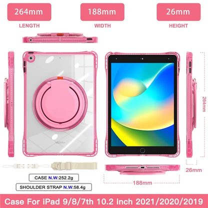 For iPad 10.2 (2021) / (2020) / (2019) Case with Shoulder Strap Rotary Kickstand PC+TPU+Acrylic Cover