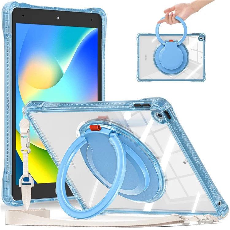 For iPad 10.2 (2021) / (2020) / (2019) Case with Shoulder Strap Rotary Kickstand PC+TPU+Acrylic Cover