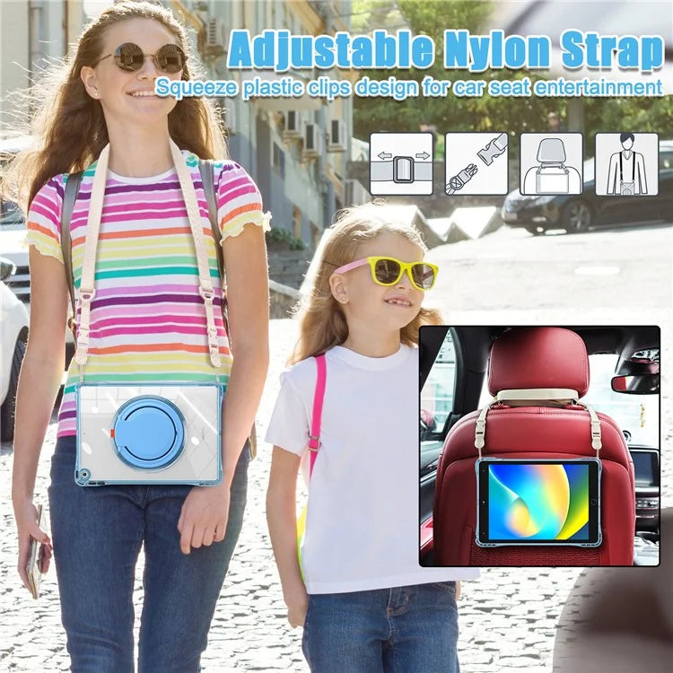 For iPad 10.2 (2021) / (2020) / (2019) Case with Shoulder Strap Rotary Kickstand PC+TPU+Acrylic Cover