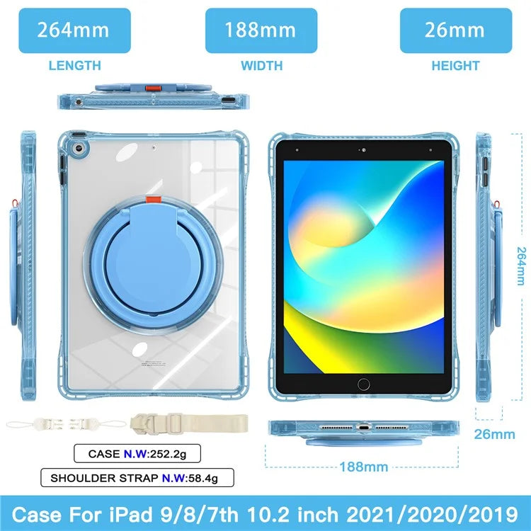 For iPad 10.2 (2021) / (2020) / (2019) Case with Shoulder Strap Rotary Kickstand PC+TPU+Acrylic Cover