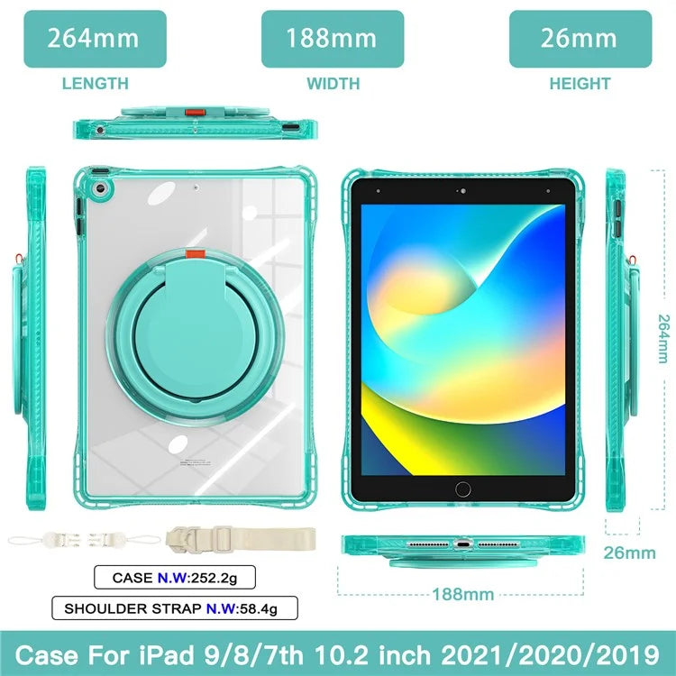 For iPad 10.2 (2021) / (2020) / (2019) Case with Shoulder Strap Rotary Kickstand PC+TPU+Acrylic Cover