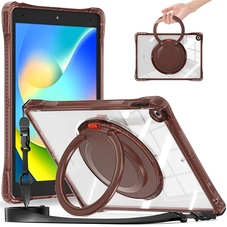 For iPad 10.2 (2021) / (2020) / (2019) Case with Shoulder Strap Rotary Kickstand PC+TPU+Acrylic Cover