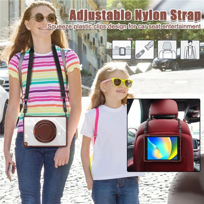 For iPad 10.2 (2021) / (2020) / (2019) Case with Shoulder Strap Rotary Kickstand PC+TPU+Acrylic Cover