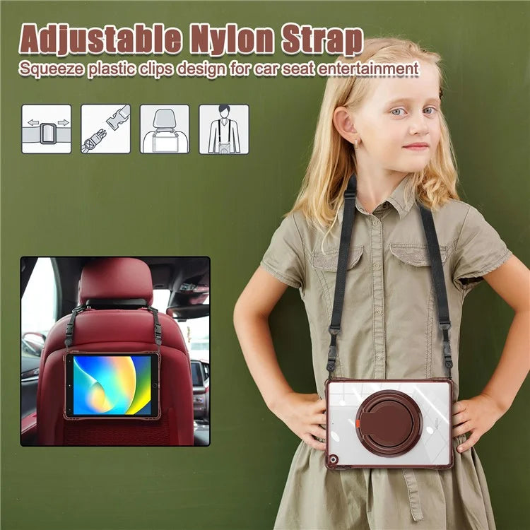 For iPad 10.2 (2021) / (2020) / (2019) Case with Shoulder Strap Rotary Kickstand PC+TPU+Acrylic Cover