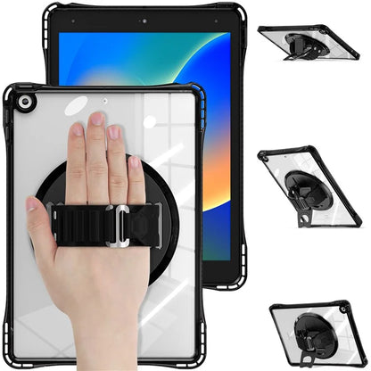 For iPad 10.2 (2021) / (2020) Case Hand Strap Kickstand PC+TPU+Acrylic Clear Tablet Cover