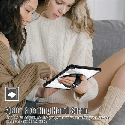 For iPad 10.2 (2021) / (2020) Case Hand Strap Kickstand PC+TPU+Acrylic Clear Tablet Cover