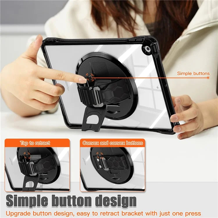 For iPad 10.2 (2021) / (2020) Case Hand Strap Kickstand PC+TPU+Acrylic Clear Tablet Cover