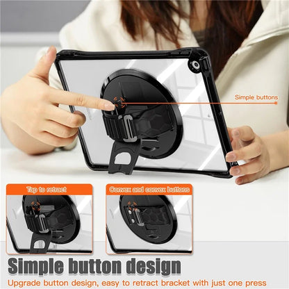 For iPad 10.2 (2021) / (2020) Case Hand Strap Kickstand PC+TPU+Acrylic Clear Tablet Cover