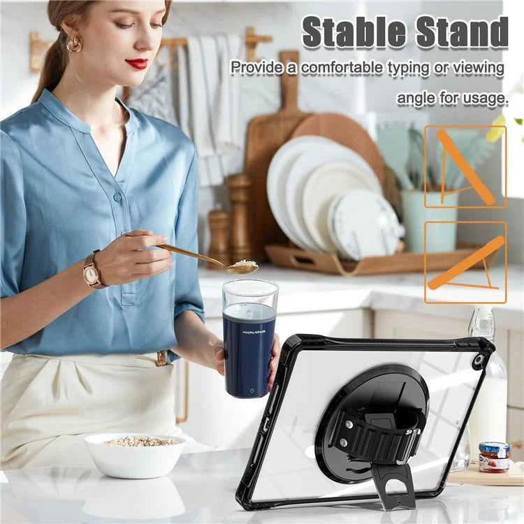 For iPad 10.2 (2021) / (2020) Case Hand Strap Kickstand PC+TPU+Acrylic Clear Tablet Cover