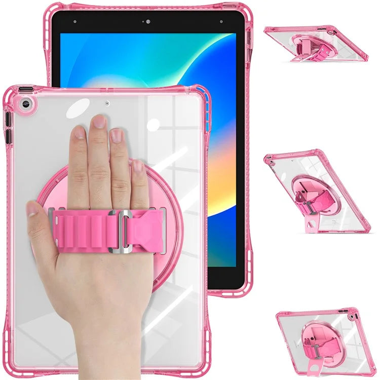 For iPad 10.2 (2021) / (2020) Case Hand Strap Kickstand PC+TPU+Acrylic Clear Tablet Cover