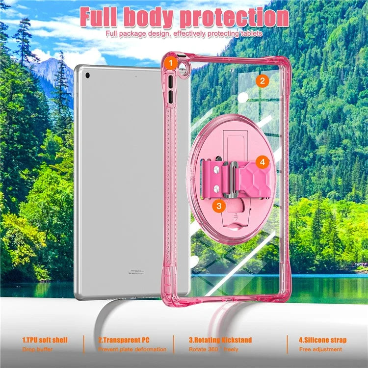 For iPad 10.2 (2021) / (2020) Case Hand Strap Kickstand PC+TPU+Acrylic Clear Tablet Cover