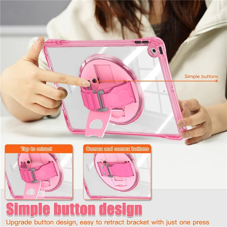 For iPad 10.2 (2021) / (2020) Case Hand Strap Kickstand PC+TPU+Acrylic Clear Tablet Cover