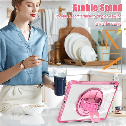 For iPad 10.2 (2021) / (2020) Case Hand Strap Kickstand PC+TPU+Acrylic Clear Tablet Cover