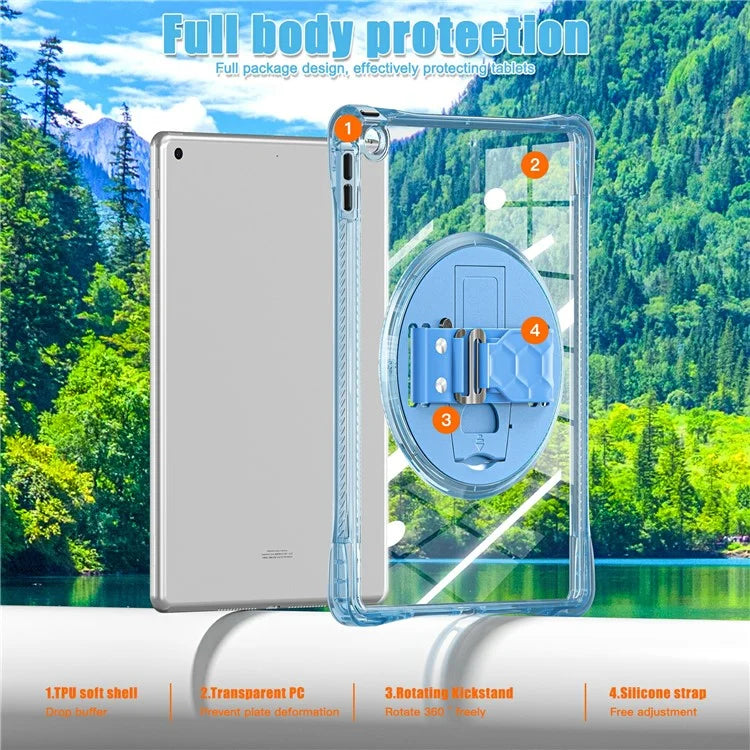 For iPad 10.2 (2021) / (2020) Case Hand Strap Kickstand PC+TPU+Acrylic Clear Tablet Cover