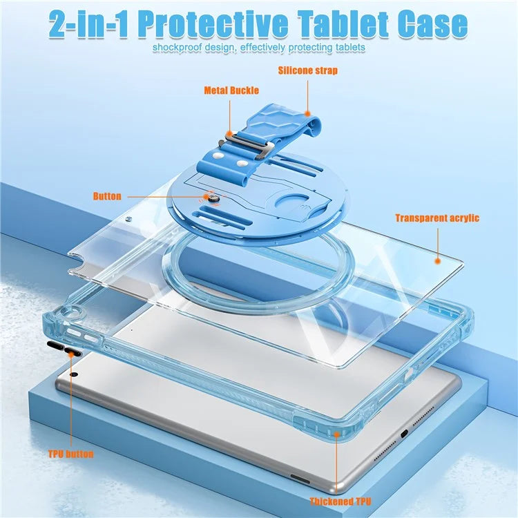 For iPad 10.2 (2021) / (2020) Case Hand Strap Kickstand PC+TPU+Acrylic Clear Tablet Cover