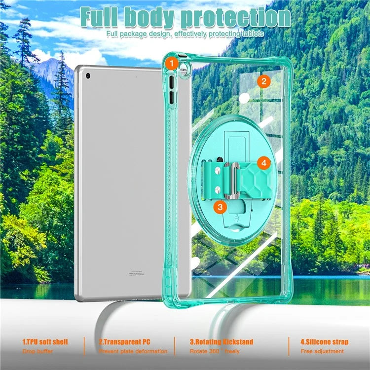 For iPad 10.2 (2021) / (2020) Case Hand Strap Kickstand PC+TPU+Acrylic Clear Tablet Cover