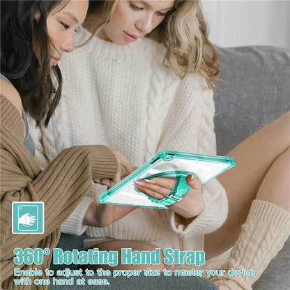 For iPad 10.2 (2021) / (2020) Case Hand Strap Kickstand PC+TPU+Acrylic Clear Tablet Cover