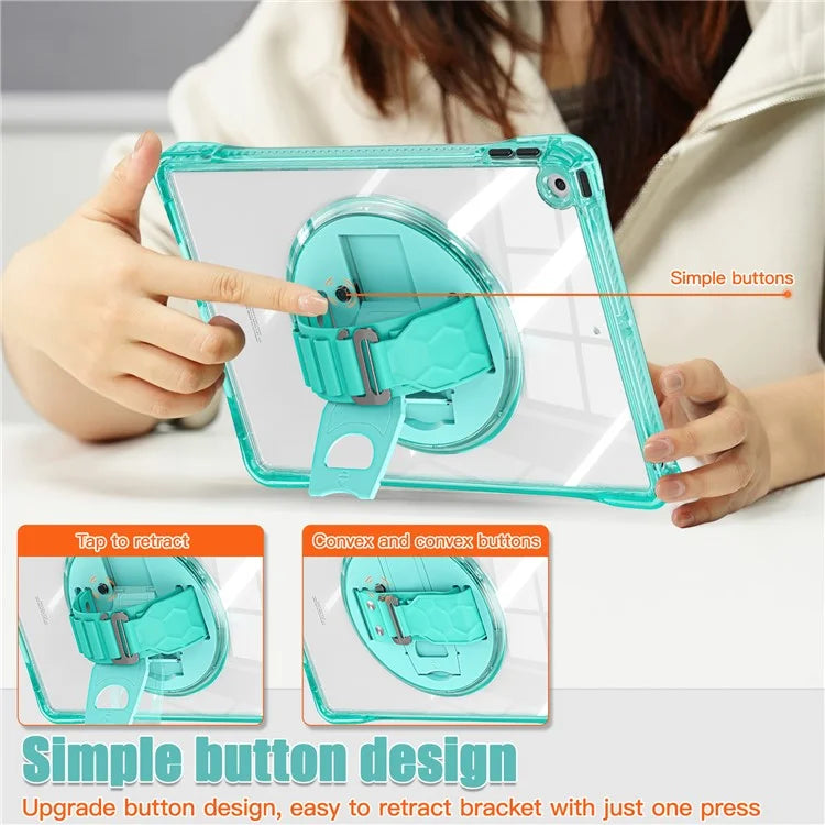 For iPad 10.2 (2021) / (2020) Case Hand Strap Kickstand PC+TPU+Acrylic Clear Tablet Cover