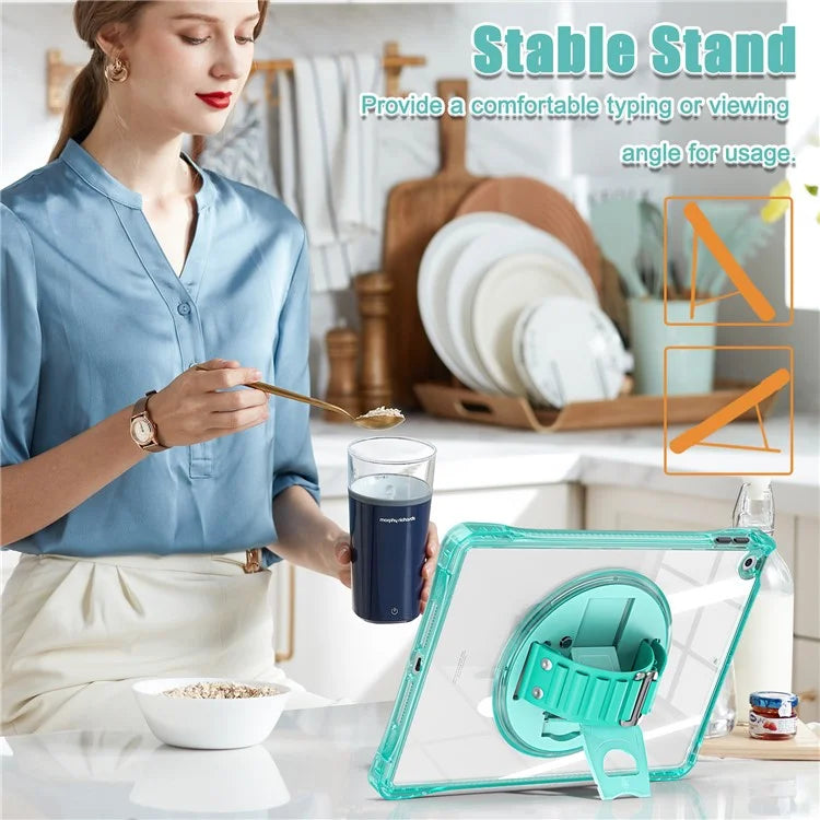 For iPad 10.2 (2021) / (2020) Case Hand Strap Kickstand PC+TPU+Acrylic Clear Tablet Cover
