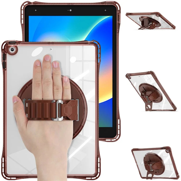 For iPad 10.2 (2021) / (2020) Case Hand Strap Kickstand PC+TPU+Acrylic Clear Tablet Cover