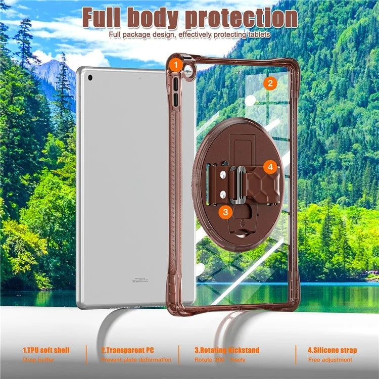 For iPad 10.2 (2021) / (2020) Case Hand Strap Kickstand PC+TPU+Acrylic Clear Tablet Cover