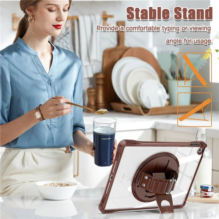 For iPad 10.2 (2021) / (2020) Case Hand Strap Kickstand PC+TPU+Acrylic Clear Tablet Cover