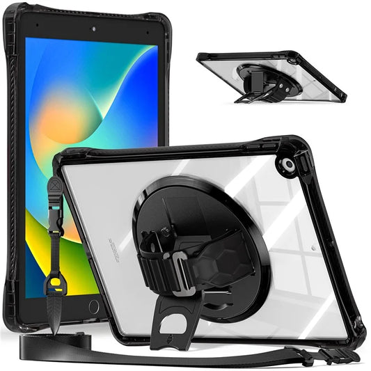 For iPad 10.2 (2021) / (2020) Kickstand Case Hand Strap PC+TPU+Acrylic Cover with Shoulder Strap