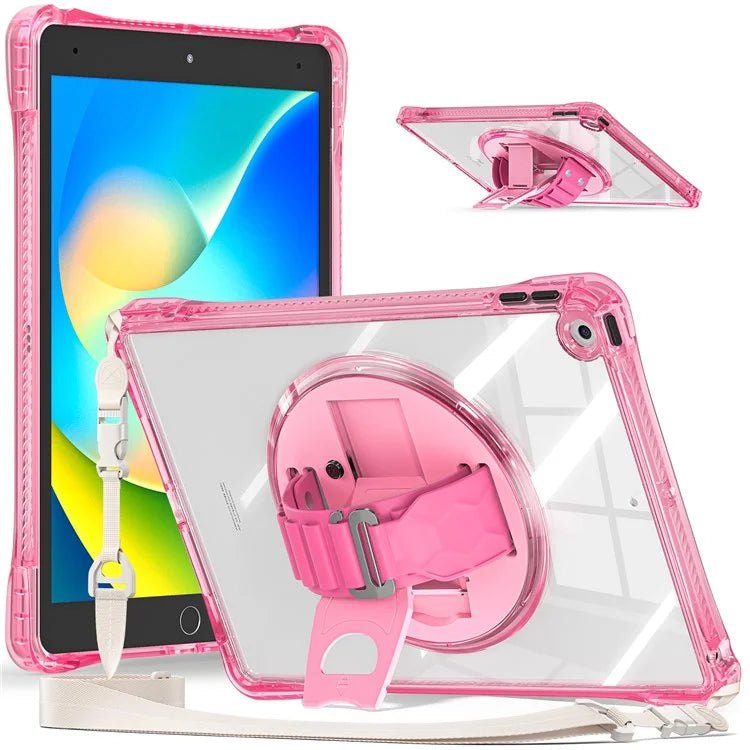 For iPad 10.2 (2021) / (2020) Kickstand Case Hand Strap PC+TPU+Acrylic Cover with Shoulder Strap