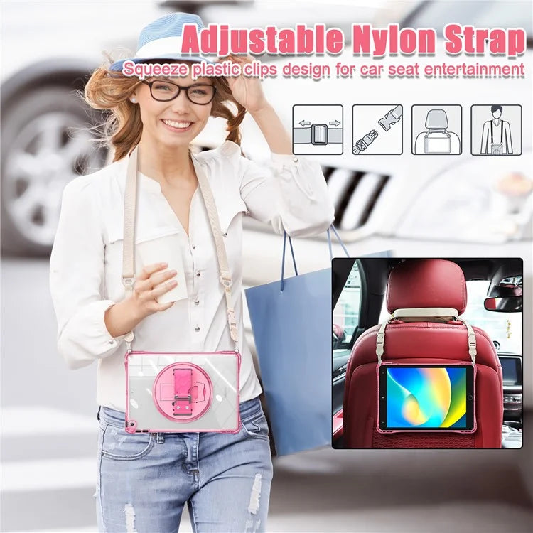 For iPad 10.2 (2021) / (2020) Kickstand Case Hand Strap PC+TPU+Acrylic Cover with Shoulder Strap