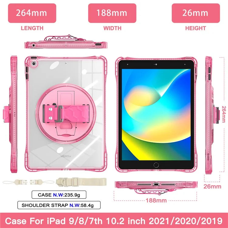 For iPad 10.2 (2021) / (2020) Kickstand Case Hand Strap PC+TPU+Acrylic Cover with Shoulder Strap