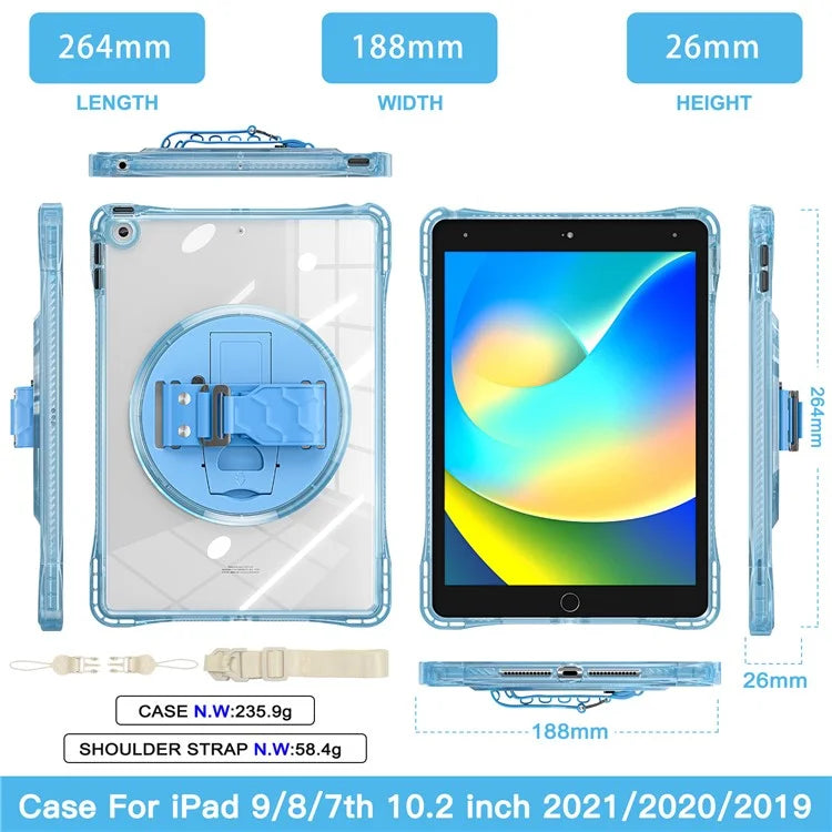 For iPad 10.2 (2021) / (2020) Kickstand Case Hand Strap PC+TPU+Acrylic Cover with Shoulder Strap