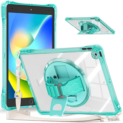 For iPad 10.2 (2021) / (2020) Kickstand Case Hand Strap PC+TPU+Acrylic Cover with Shoulder Strap