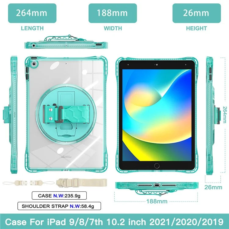 For iPad 10.2 (2021) / (2020) Kickstand Case Hand Strap PC+TPU+Acrylic Cover with Shoulder Strap
