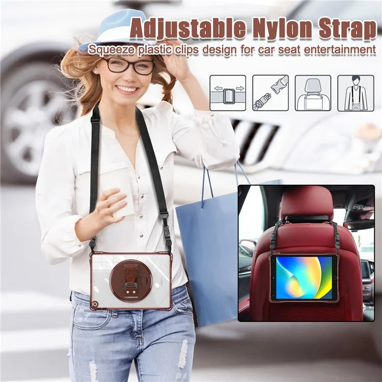 For iPad 10.2 (2021) / (2020) Kickstand Case Hand Strap PC+TPU+Acrylic Cover with Shoulder Strap