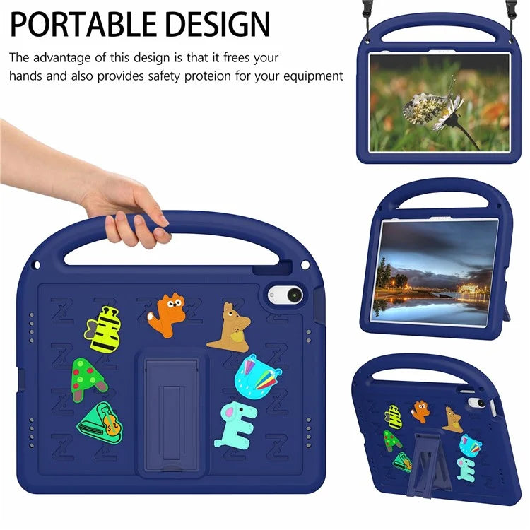 For iPad 10.9 (2022) Case with Strap EVA+PC Kickstand Tablet Cover Cartoon Design