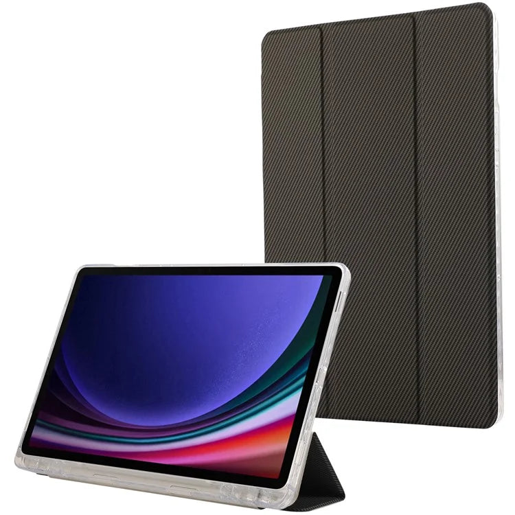 For Samsung Galaxy Tab S9 / S9 FE Case Tri-Fold Stand Smart Auto / Wake Leather Tablet Cover Carbon Fiber Texture