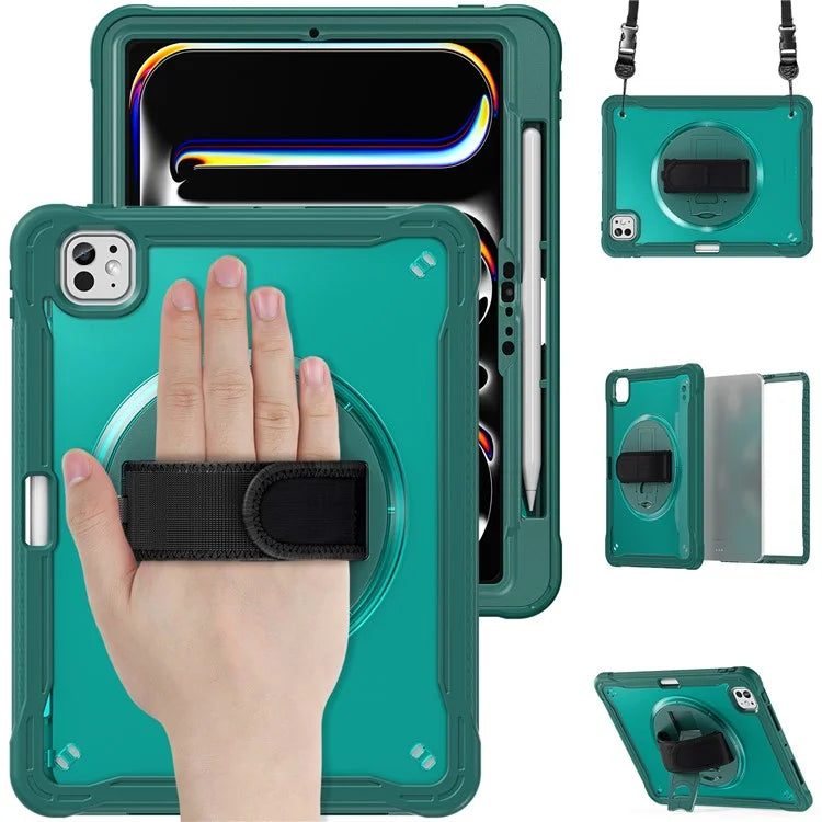 For iPad Pro 11 (2024) Case Hand Strap Kickstand PC+TPU+Silicone Cover with Shoulder Strap