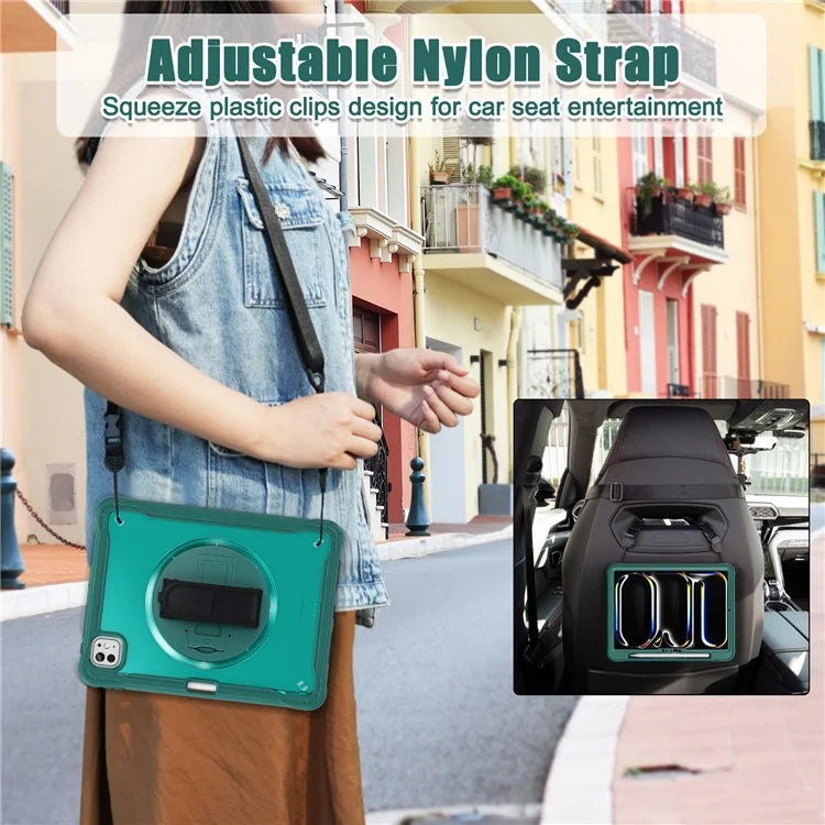 For iPad Pro 11 (2024) Case Hand Strap Kickstand PC+TPU+Silicone Cover with Shoulder Strap