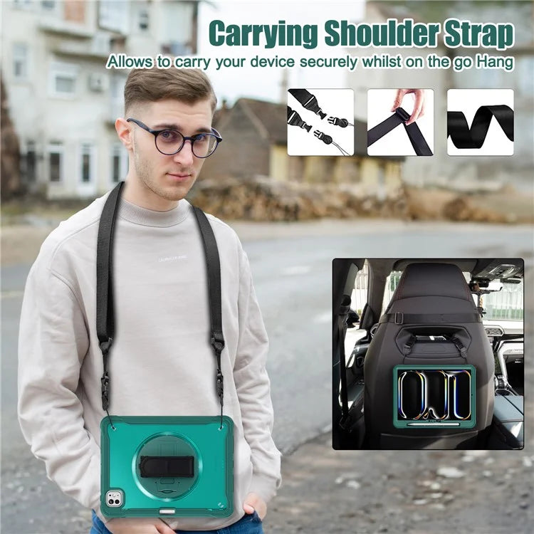 For iPad Pro 11 (2024) Case Hand Strap Kickstand PC+TPU+Silicone Cover with Shoulder Strap