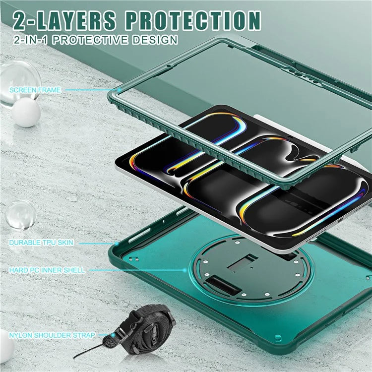 For iPad Pro 11 (2024) Case Hand Strap Kickstand PC+TPU+Silicone Cover with Shoulder Strap