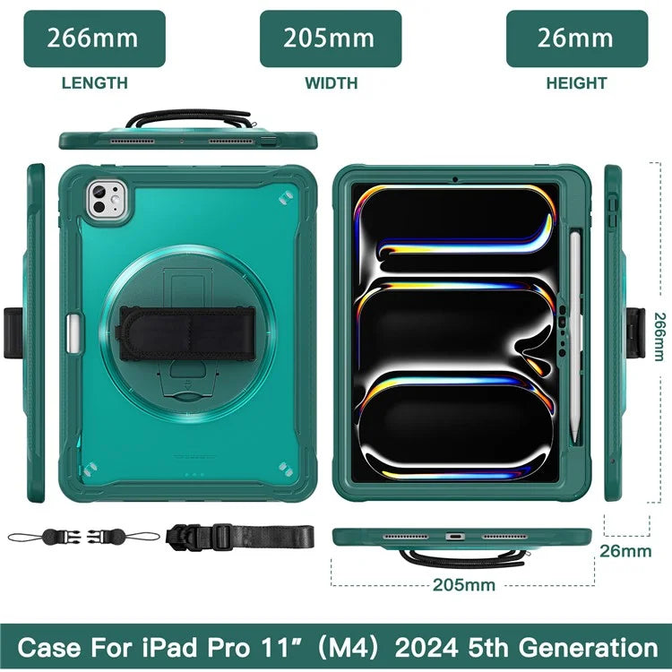 For iPad Pro 11 (2024) Case Hand Strap Kickstand PC+TPU+Silicone Cover with Shoulder Strap