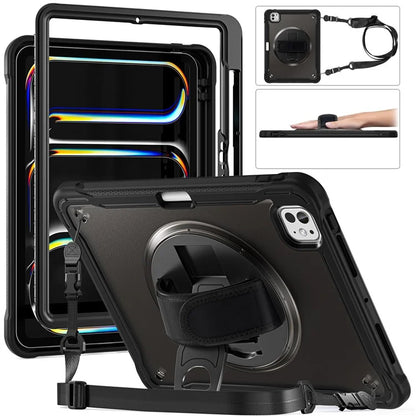 For iPad Pro 11 (2024) Case Hand Strap Kickstand PC+TPU+Silicone Cover with Shoulder Strap